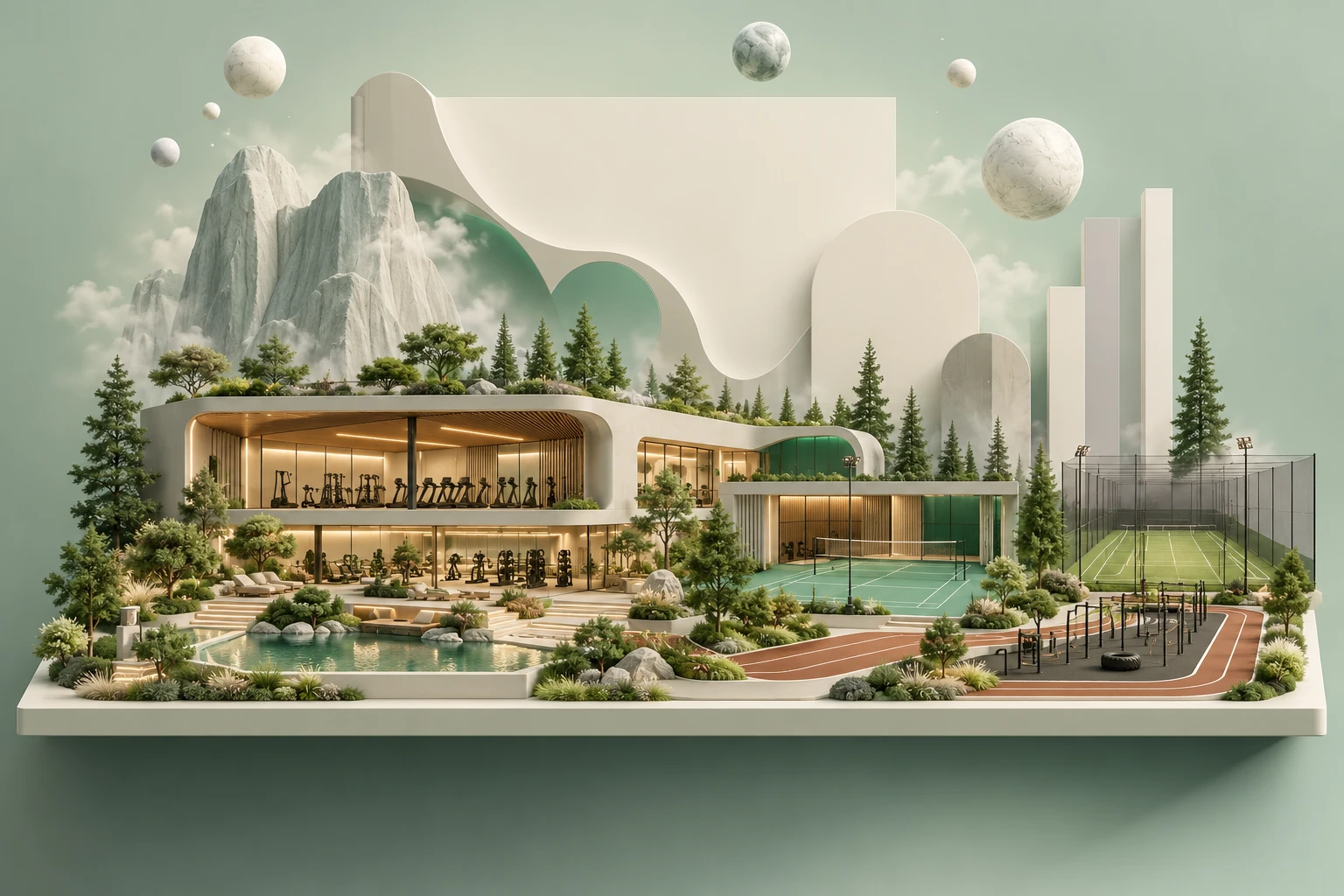 Illustrated view of Limitless Club with strength floor, cardio deck, courts, cricket net and lounge